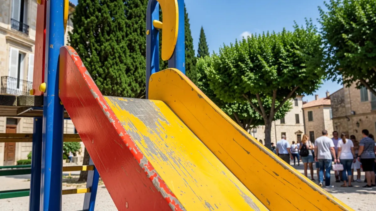 Imatge d'una zona de jocs infantils amb signes d'ús.