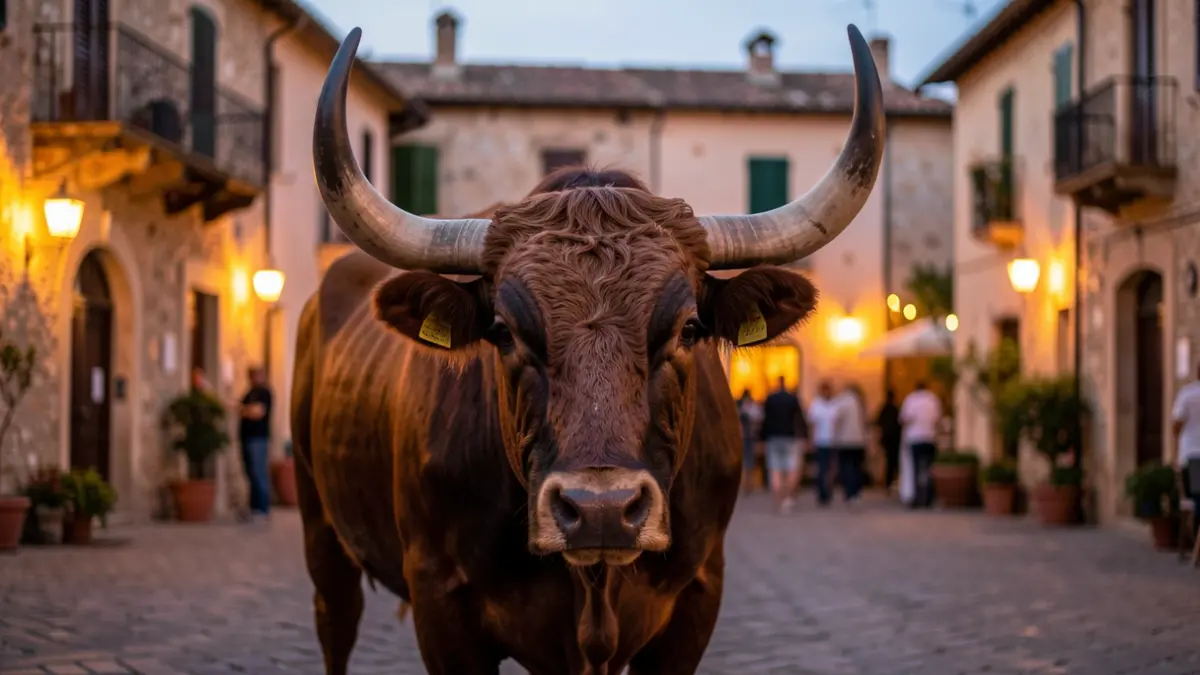 Imatge genèrica d'un bou en una plaça de poble mediterrani.