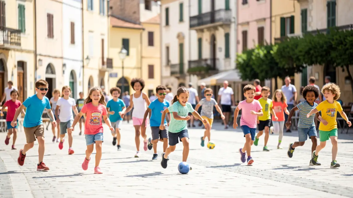 Imagen genérica de niños participando en actividades deportivas al aire libre en un entorno urbano mediterráneo.