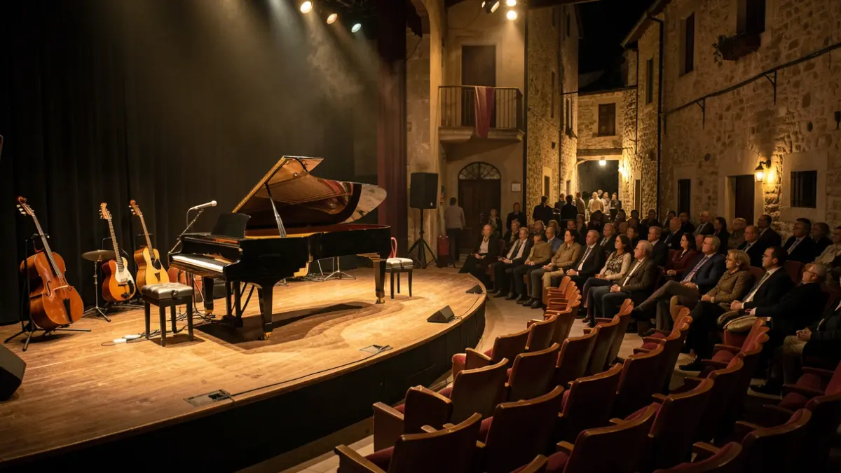 Imatge genèrica d'un escenari de teatre amb instruments musicals.