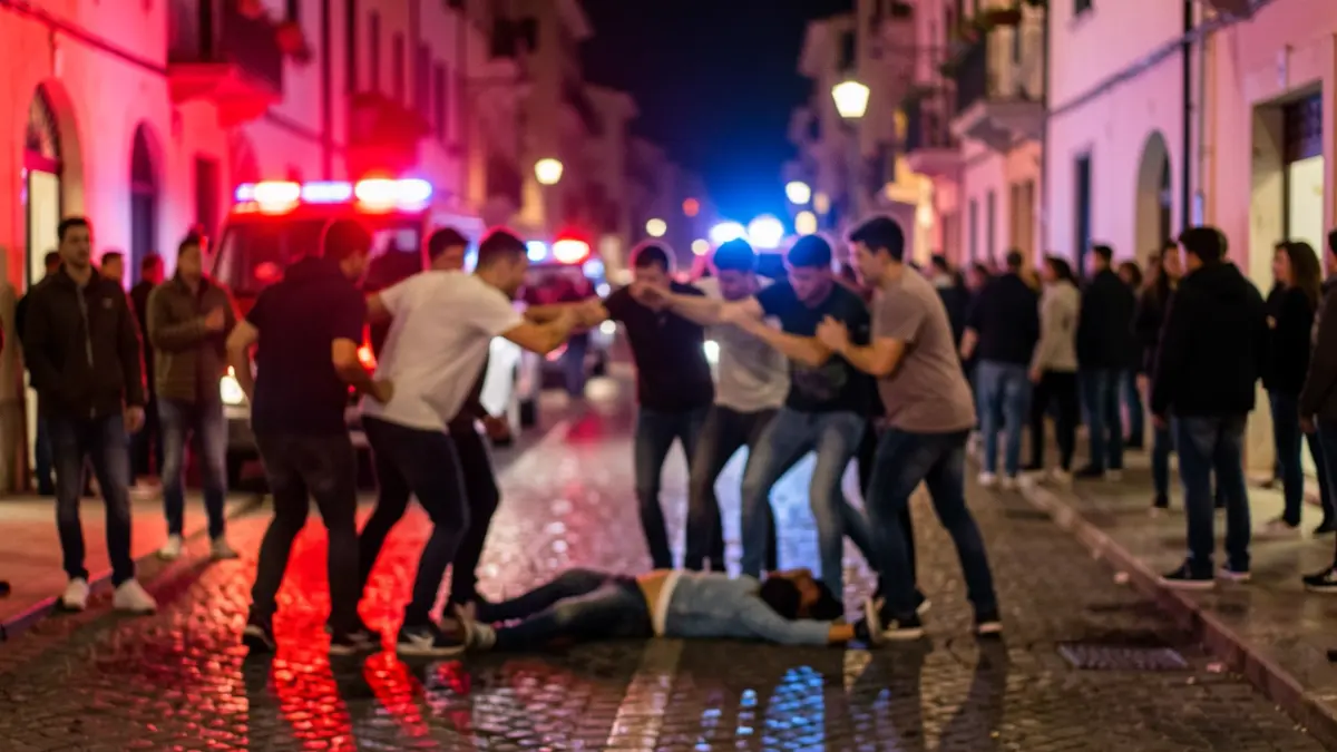 Generic image of a nighttime brawl with emergency lights.