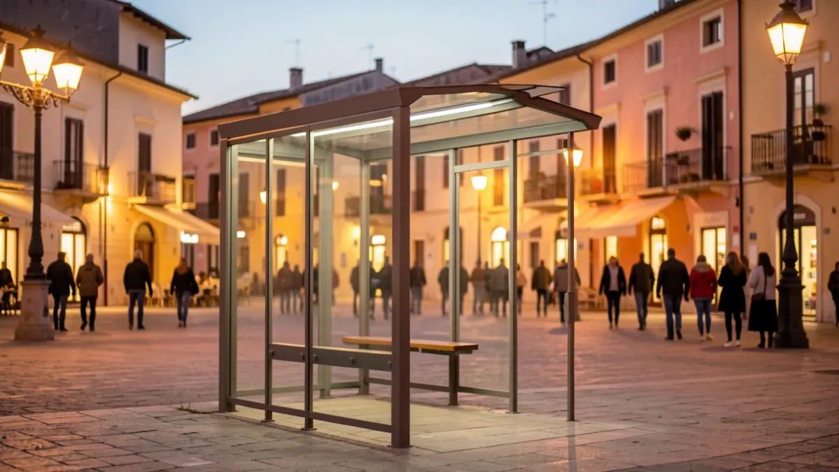 Imatge genèrica d'una parada d'autobús en un entorn urbà mediterrani al capvespre.