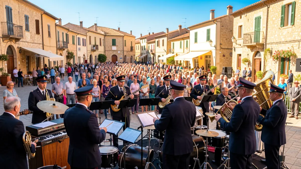 Imagen genérica de una actuación de banda de música al aire libre en una plaza mediterránea.