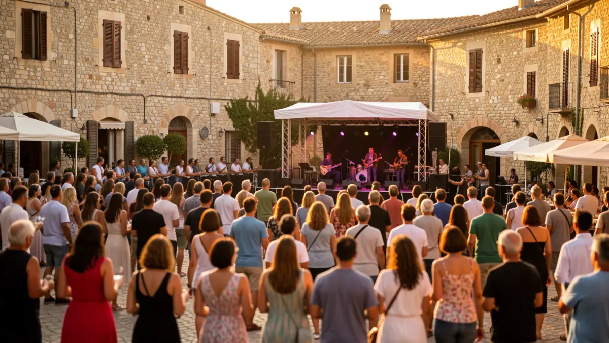 Imatge genèrica d'una trobada de música a l'aire lliure en una plaça de poble mediterrani.