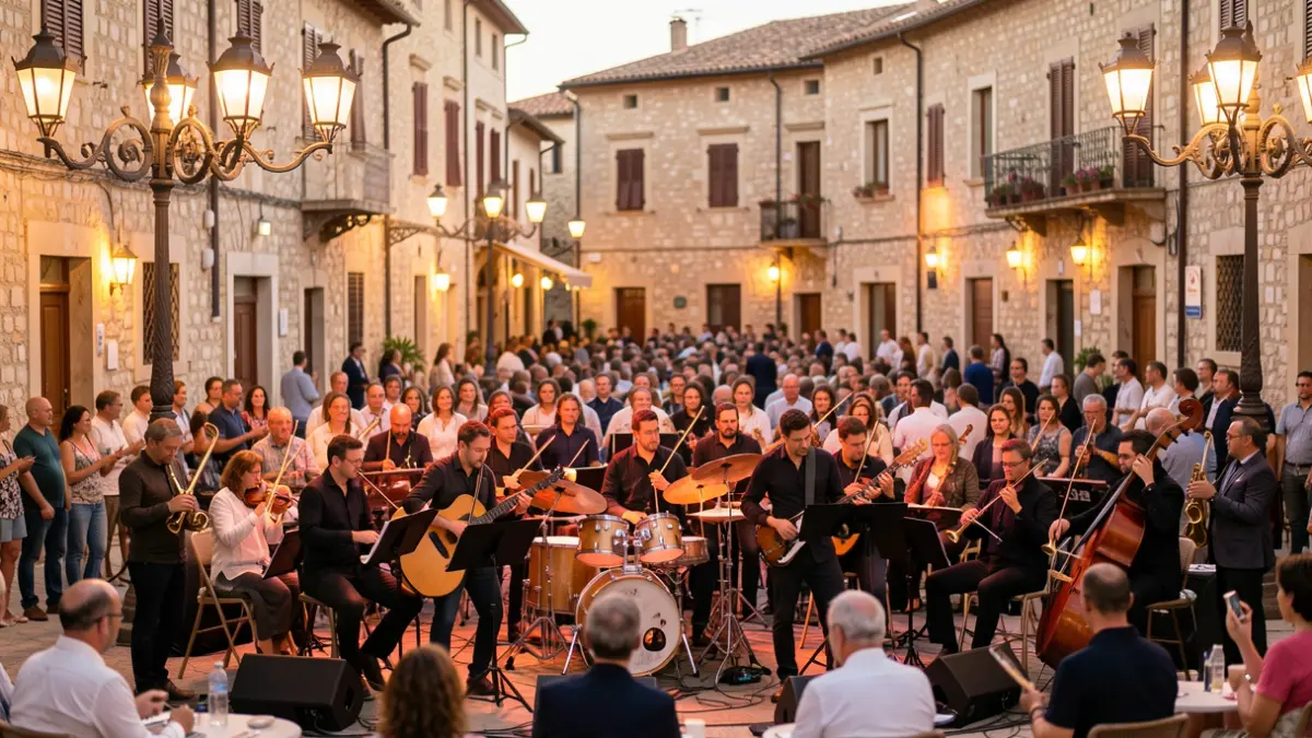 Imatge genèrica d'una banda de música tocant en una plaça de poble mediterrani.