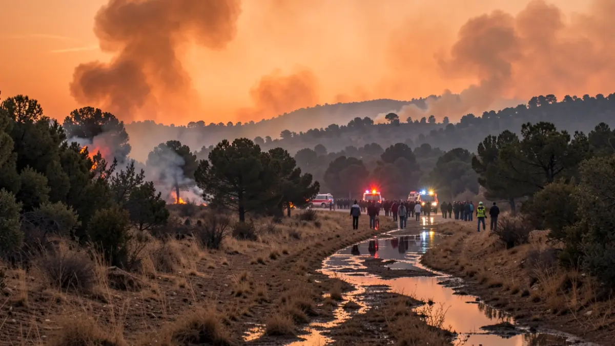 Imagen genérica de un incendio forestal con humo y luces de emergencia.
