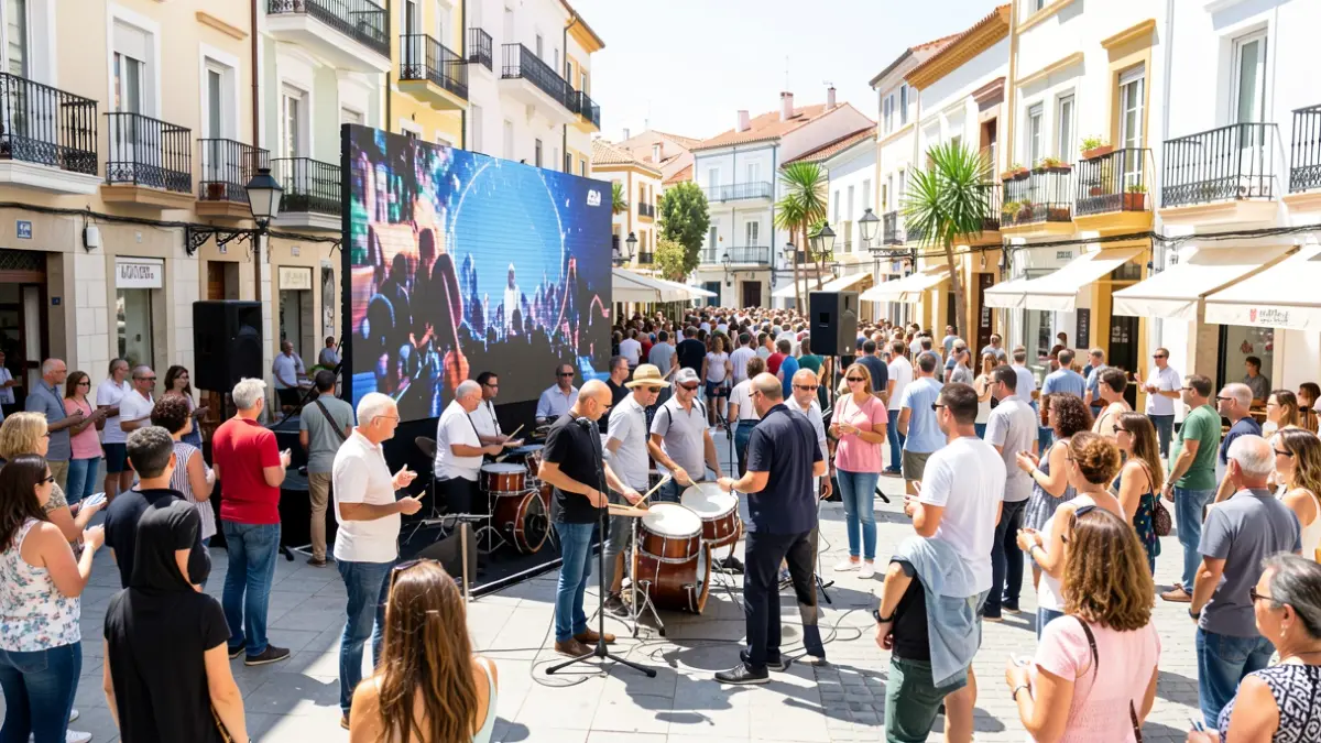 Imagen genérica de un evento musical callejero con bateristas y público.