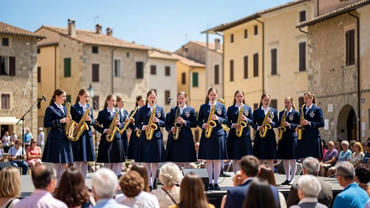 Imagen genérica de una banda de música tocando en una plaza mediterránea.