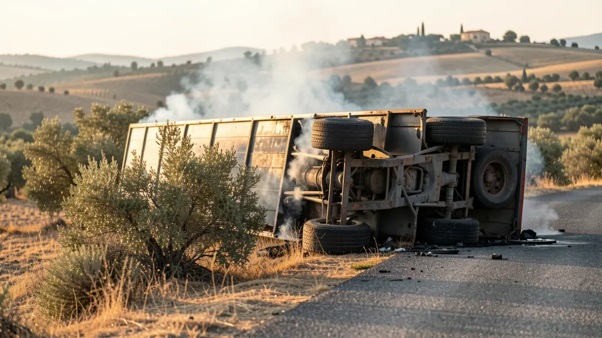 Imagen de un camión quemado al lado de una carretera rural en la Comunidad Valenciana.