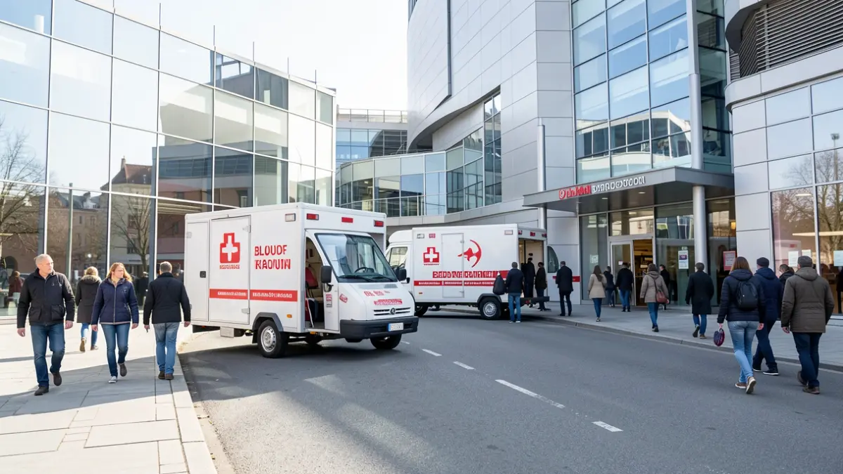 Imagen genérica de unidades móviles de donación de sangre frente a un centro comercial.