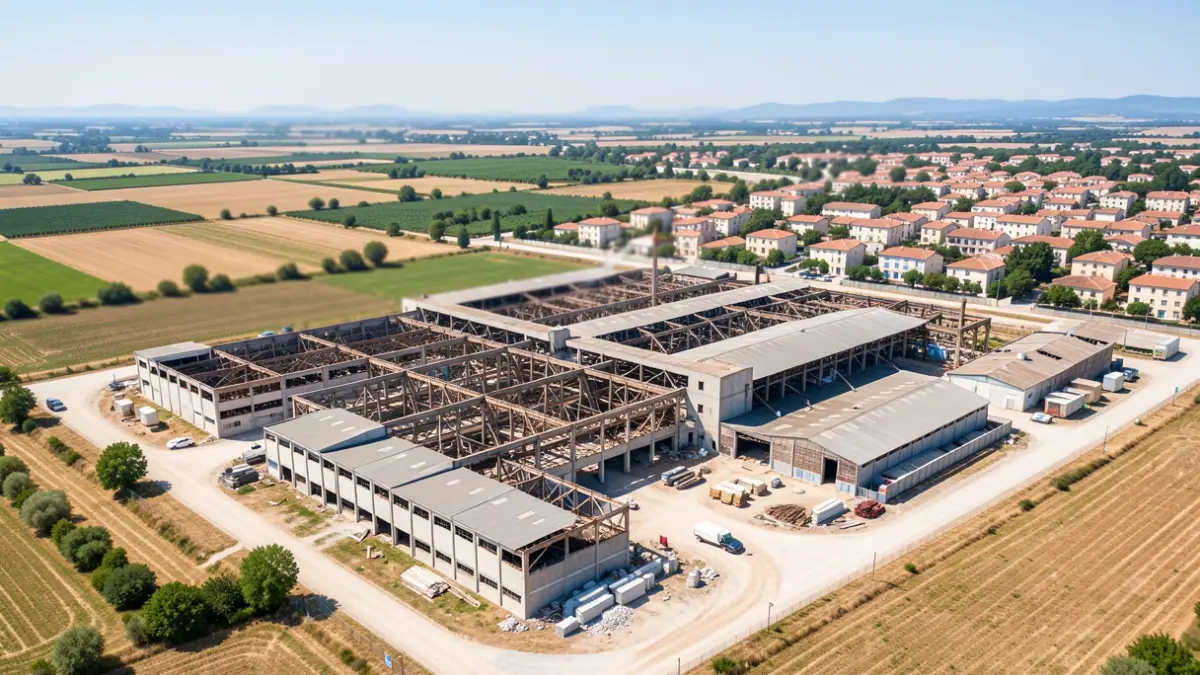 Vista aèria d'un antic complex industrial en transformació a Canals.