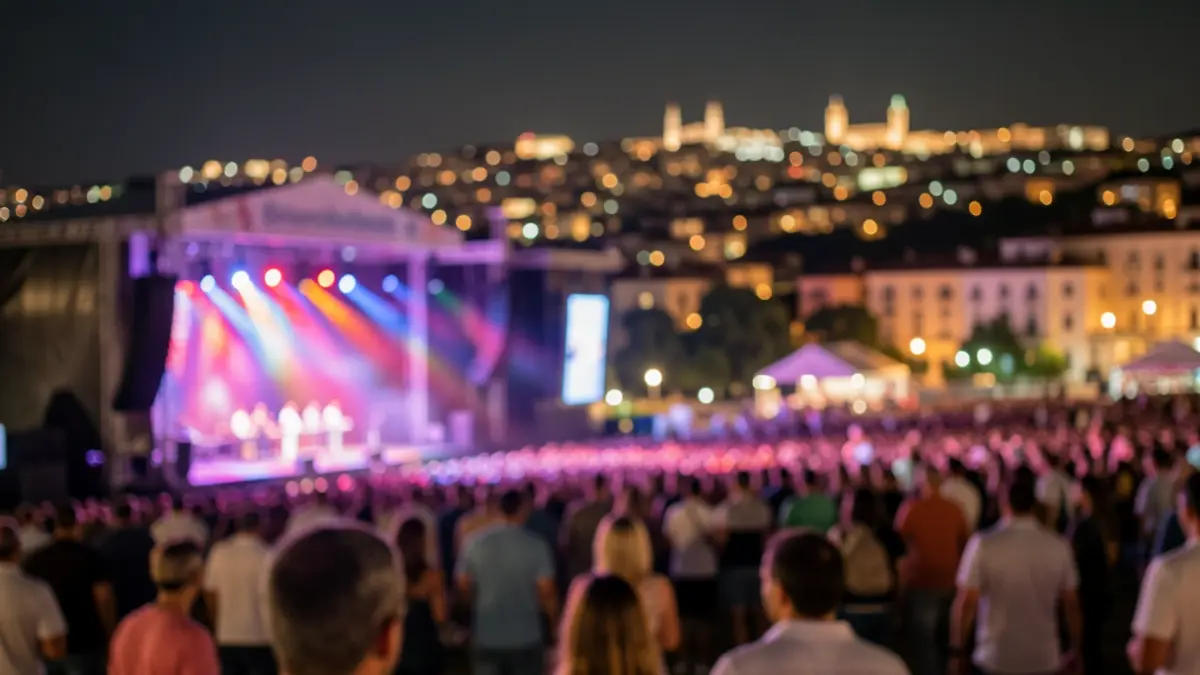 Imagen genérica de un festival de música al aire libre con luces y público al fondo.