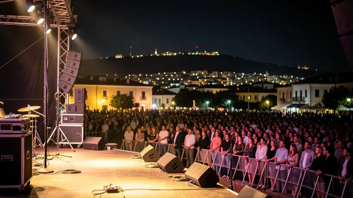 Escenari d'un festival de música buit a la nit en una ciutat mediterrània.