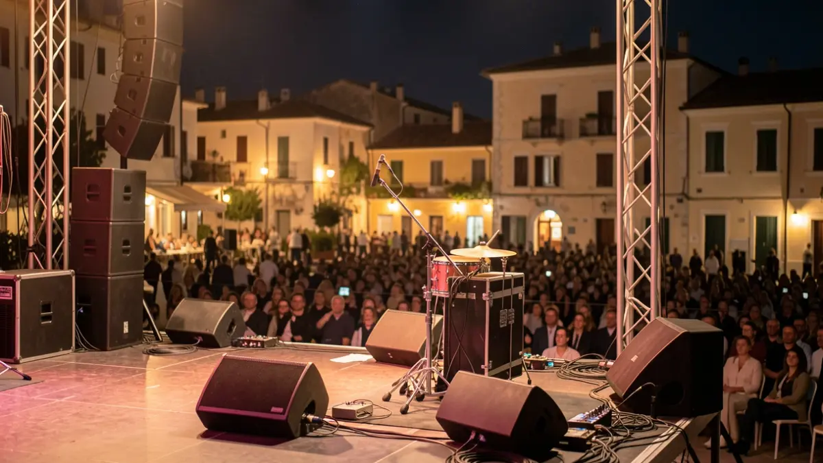 Escenario vacío de un festival de música por la noche con equipos de sonido e iluminación.