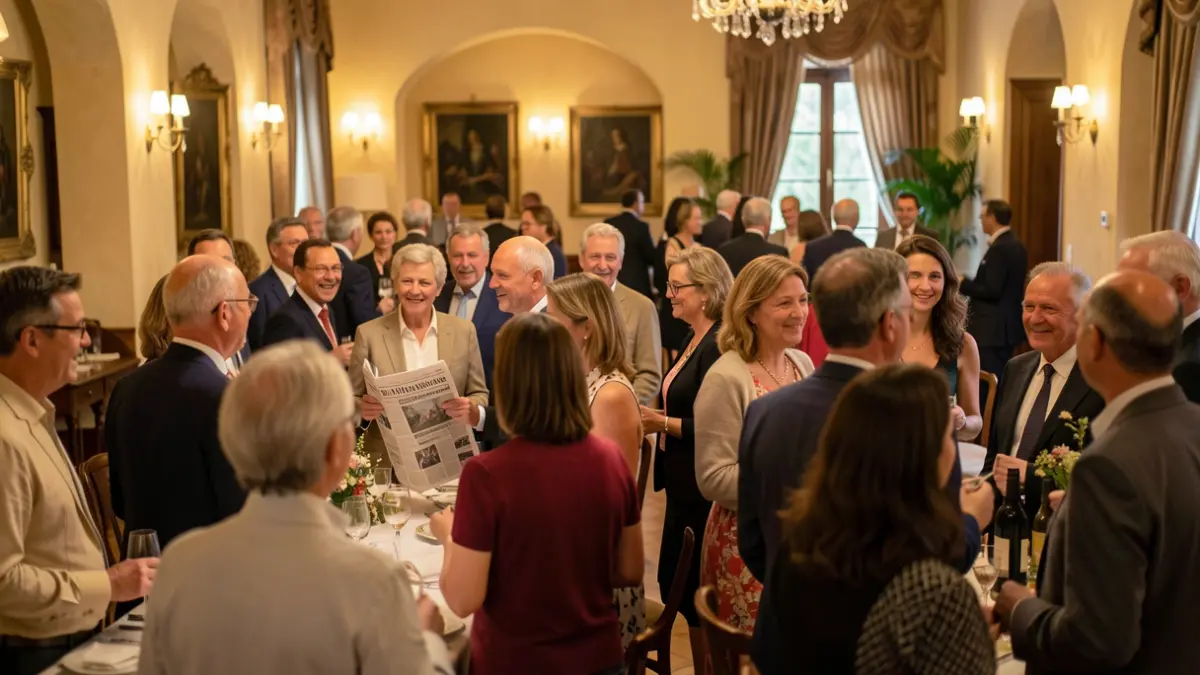 Generic image of a celebration with attendees and subtle hints of a newspaper anniversary.