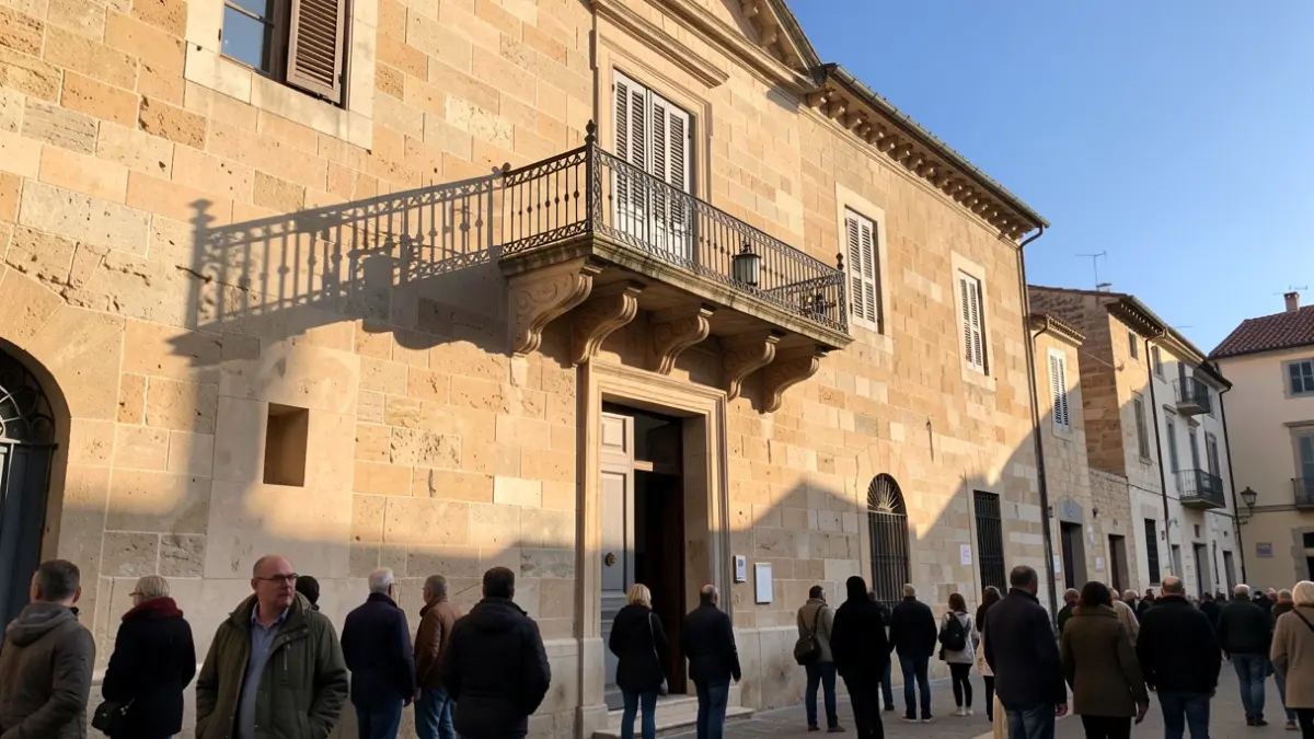 Generic image of a Mediterranean town hall with a balcony and iron railings, afternoon sunlight.