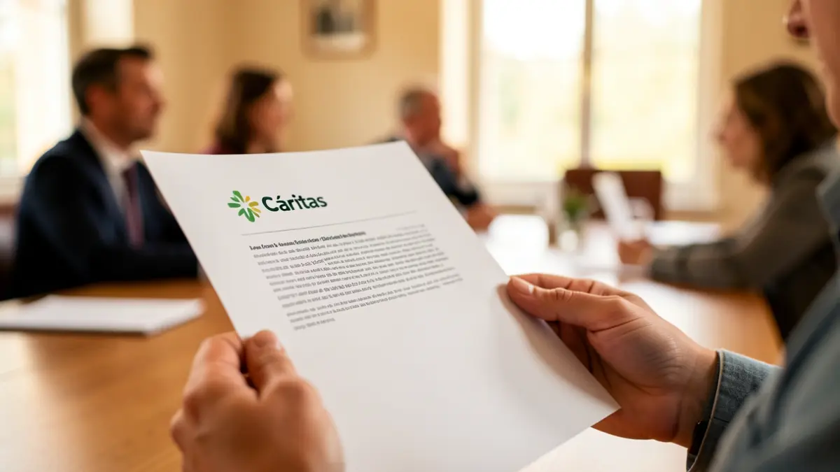 Imatge genèrica de mans sostenint un informe anual amb el logotip de Càrites.