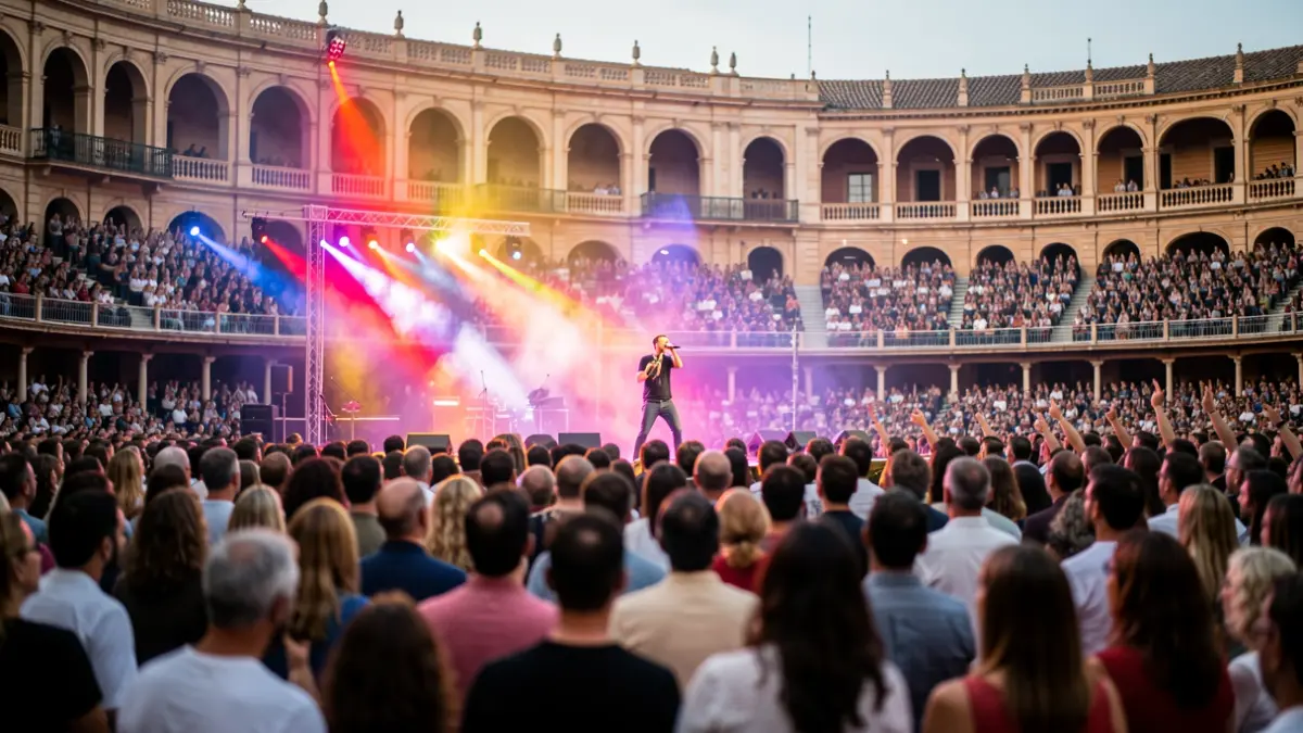 Imagen de un concierto en la Plaza de Toros de Valencia con el cantante en el centro del escenario y el público delante.