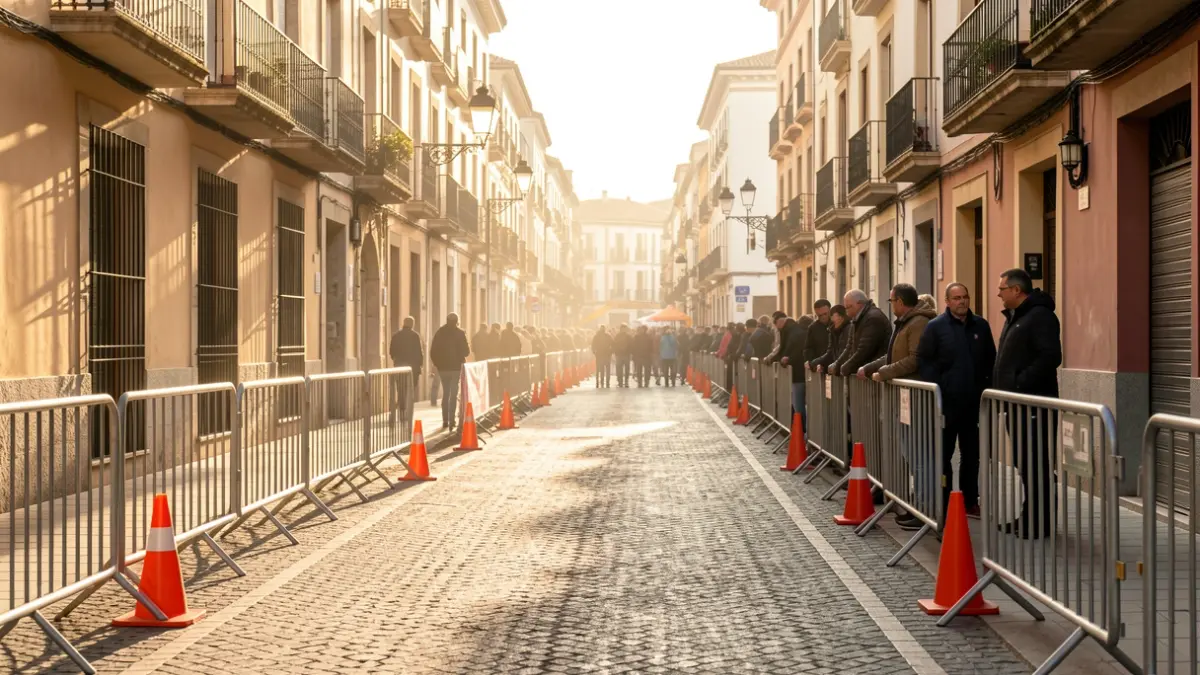 Generic image of a street in Valencia with road closure signs for a race.