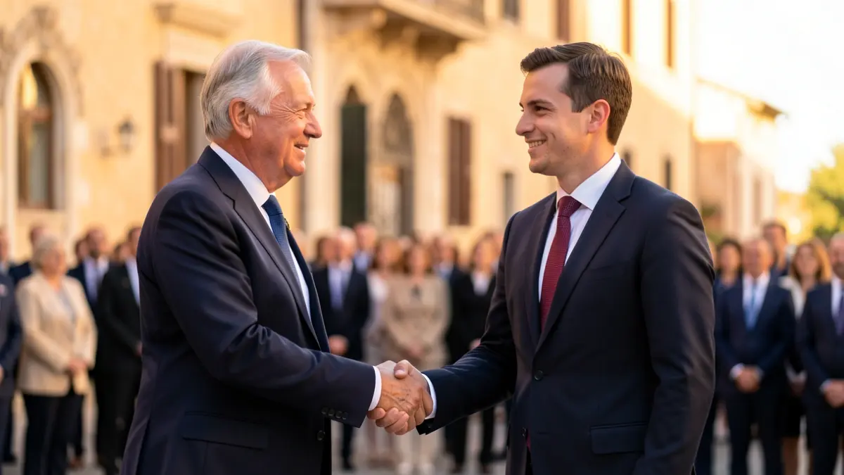 Imatge genèrica de dos polítics donant-se la mà davant d'un edifici institucional.