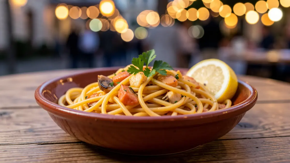 Imagen genérica de un plato de fideuá servido en un cuenco cerámico tradicional, con detalles de marisco y limón, iluminado con luz cálida.