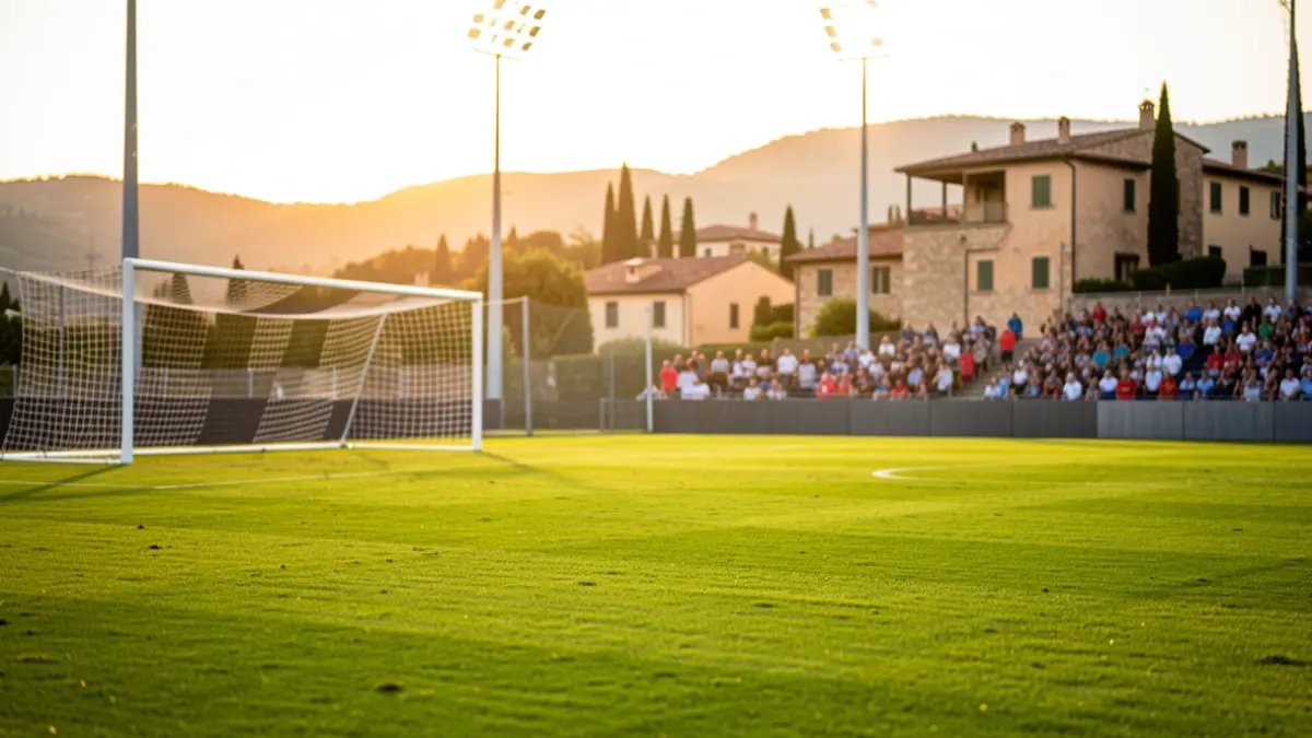 Imagen genérica de un campo de fútbol mediterráneo al atardecer, preparado para un torneo.