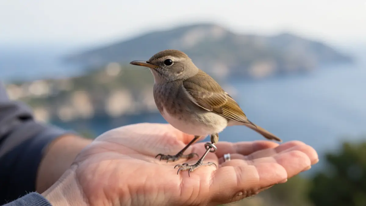 Imatge d'un ocell anellat en les Illes Columbretes.