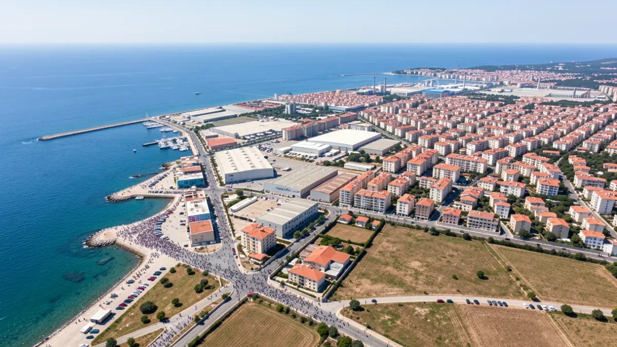 Generic image of a Mediterranean coastal city with residential and industrial areas.