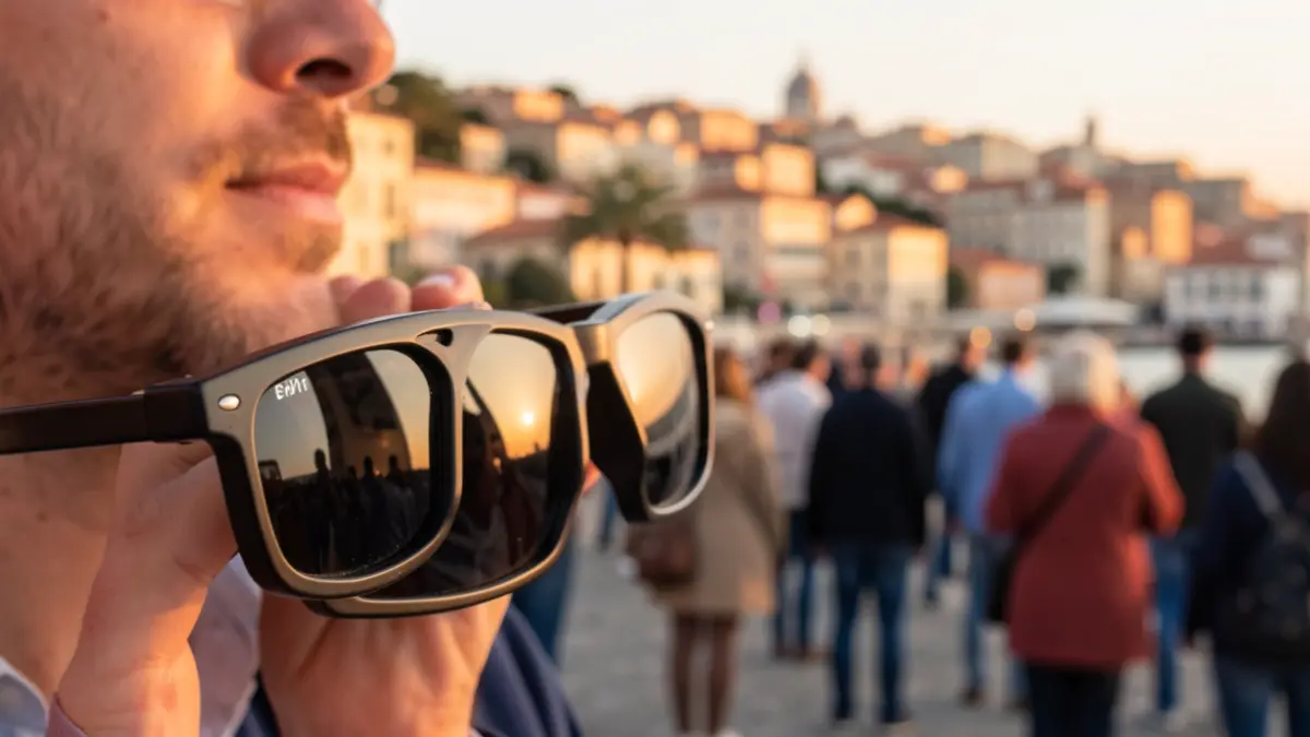 Imatge genèrica d'ulleres especials per a veure eclipsis solars amb un entorn urbà mediterrani al fons.