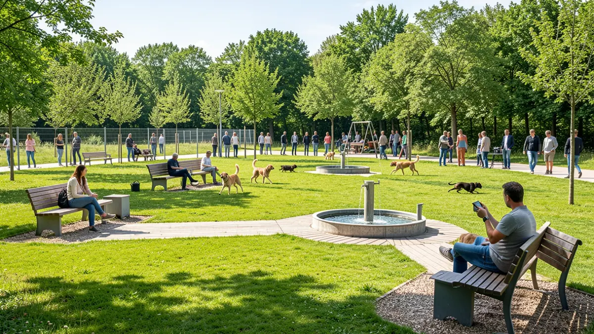 Imatge genèrica d'una zona d'esbarjo canina amb espai verd, fonts i bancs.