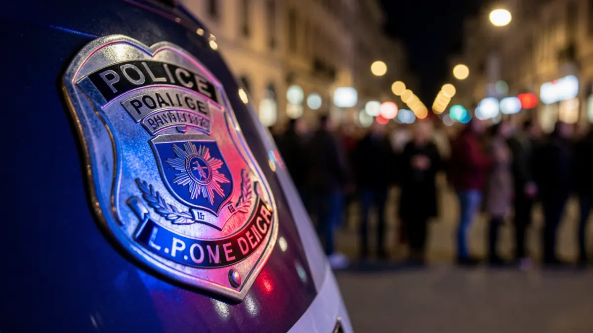 Imatge genèrica d'una placa policial amb reflexos de llums d'emergència.