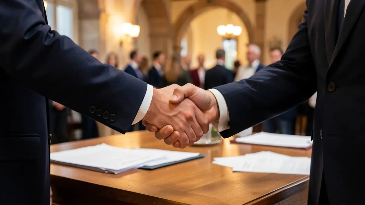 Generic image of two hands shaking over a desk.