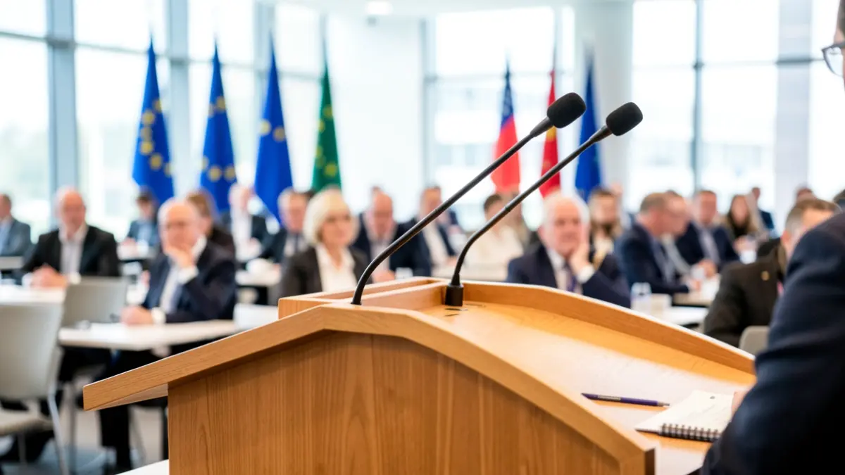 Imatge d'un faristol amb micròfon en una conferència sobre governança local.