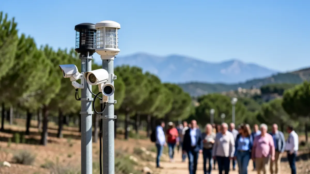 Imagen genérica de sensores y cámaras de vigilancia forestal instalados en un paisaje mediterráneo.