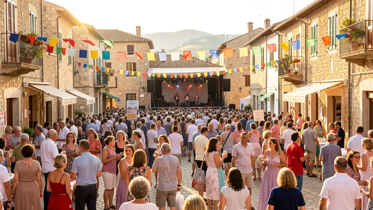 Imagen genérica de una plaza de pueblo valenciano llena de gente celebrando una fiesta popular con música y decoraciones.
