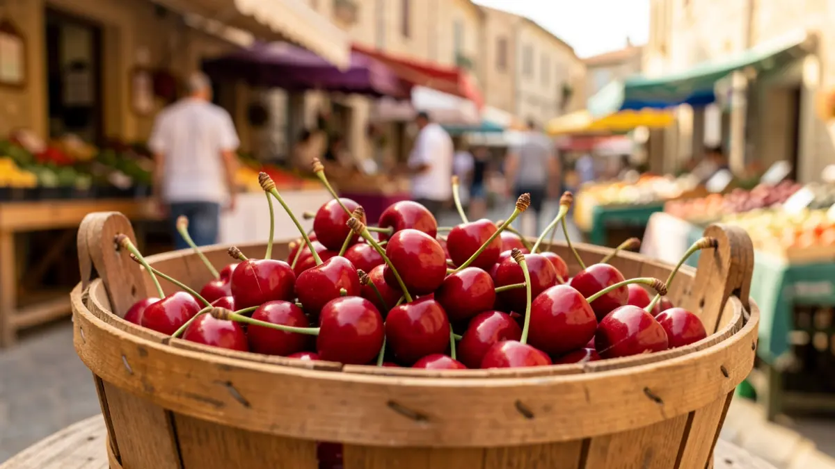 Image of fresh cherries in a wooden basket during a traditional fair.
