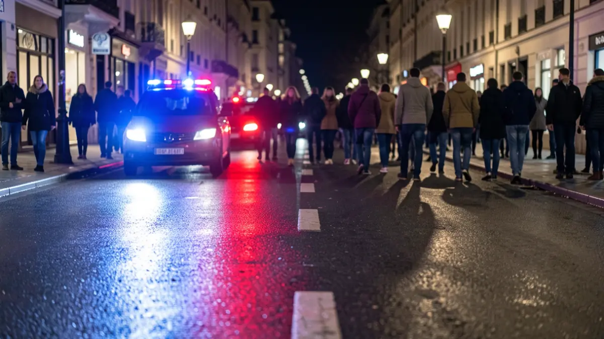Imagen genérica de luces de emergencia policiales reflejándose en asfalto mojado.