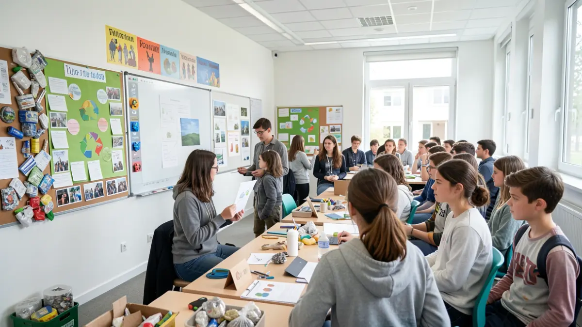 Imatge genèrica de joves presentant projectes sobre gestió de residus en un entorn educatiu.