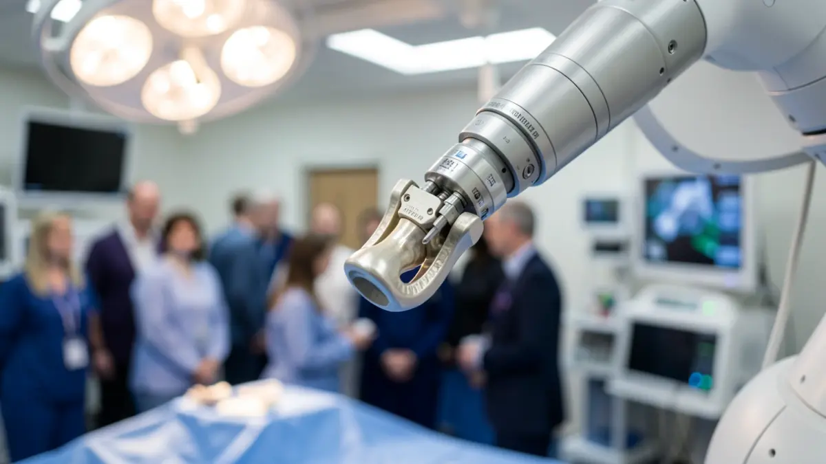 Generic image of a robotic surgery arm with a knee implant.