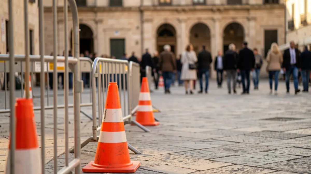 Imagen de las obras de reurbanización en una plaza histórica de Elche con vallas de seguridad.
