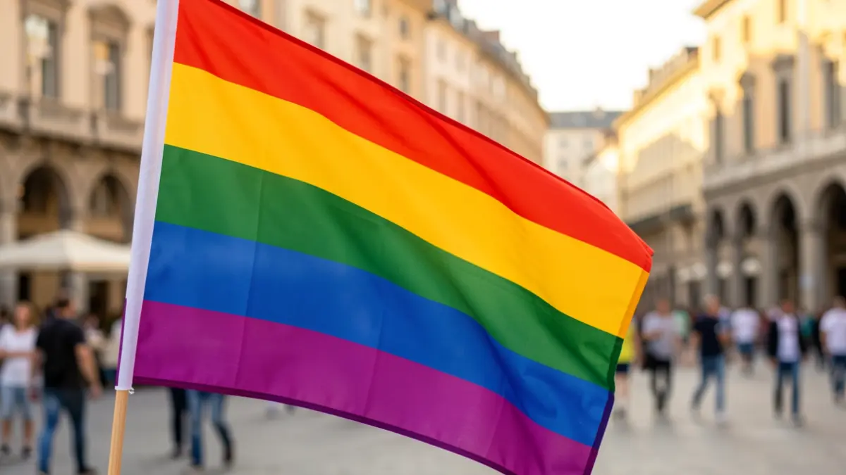 Generic image of a rainbow flag waving with a blurred urban background.