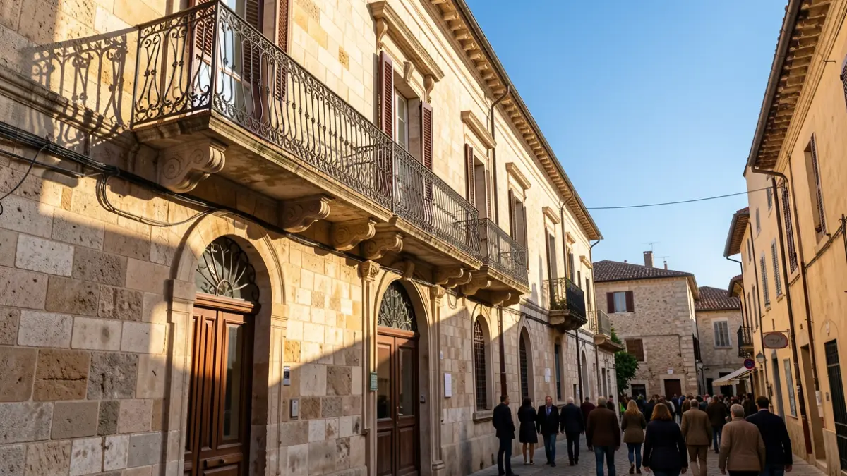 Façana d'un ajuntament mediterrani amb balcó de ferro forjat, llum de vesprada.