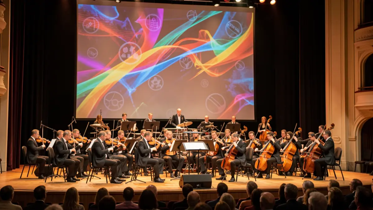 Imagen genérica de una orquesta sinfónica tocando en un escenario con una pantalla detrás.