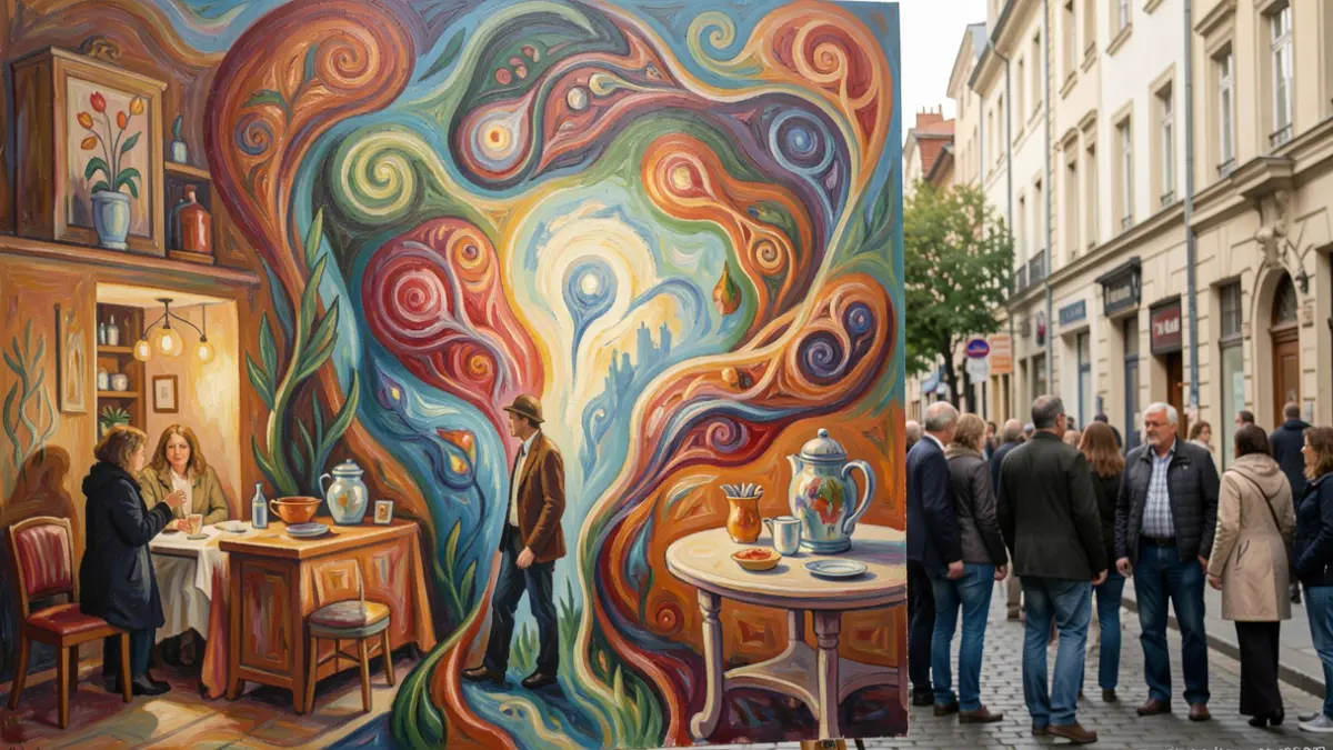 Generic image of an abstract painting with organic forms and vibrant colors.