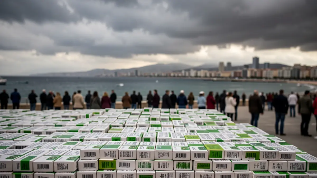 Generic image of seized cocaine tons with Valencia city in the background.
