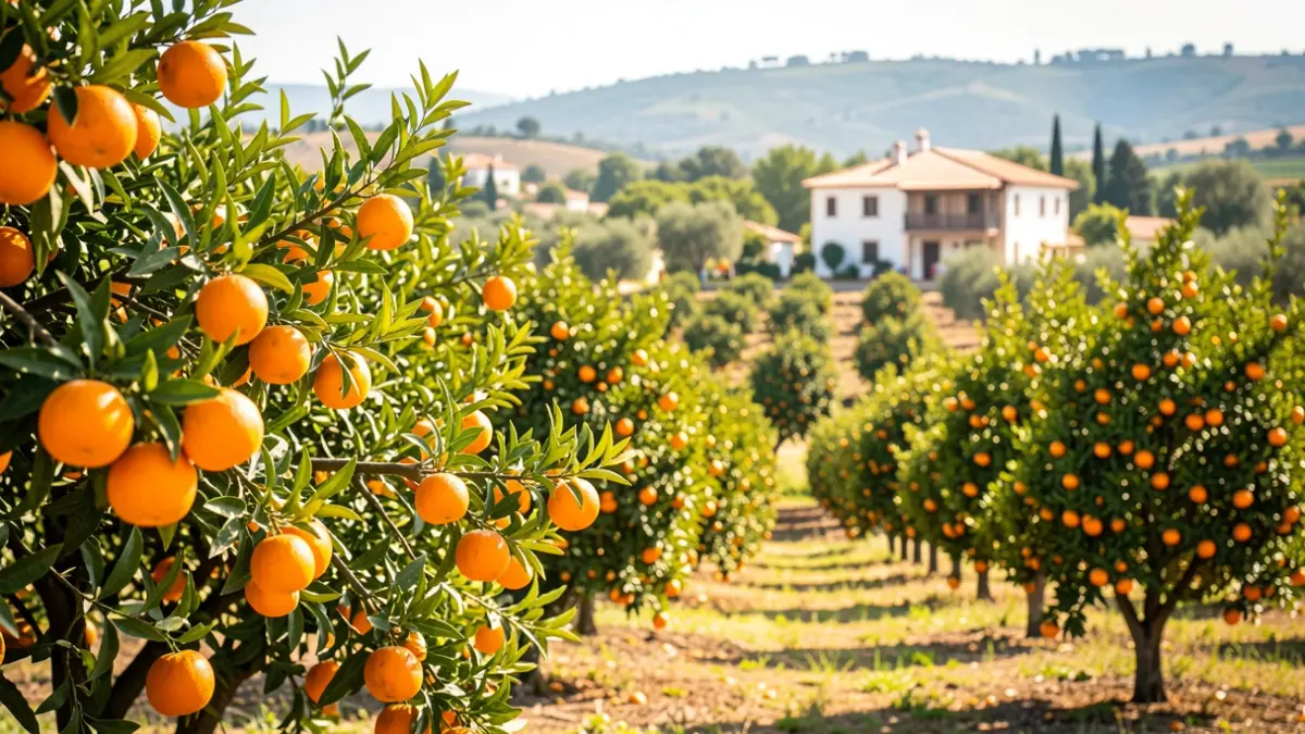 Generic image of Valencian landscape with orange trees and a barraca.