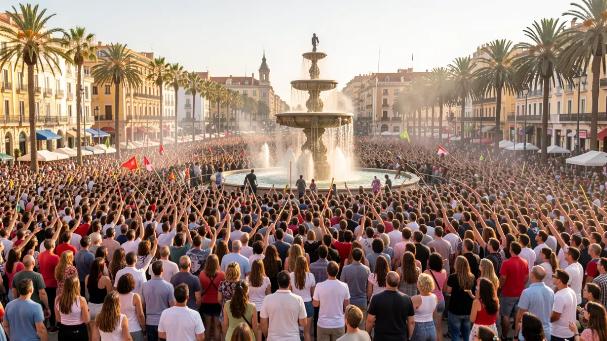 Generic image of Plaza de los Luceros in Alicante during Hogueras, with a large crowd gathered for a mascletà.