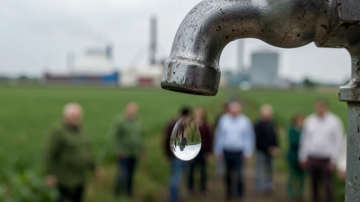 Imagen genérica de una gota de agua cayendo de un grifo, con un fondo difuminado de agricultura industrial.
