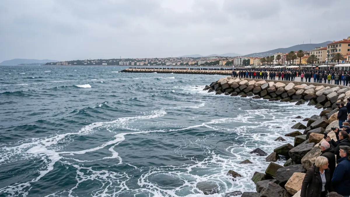 Imatge genèrica de la costa mediterrània amb un espigó i mar mogut.
