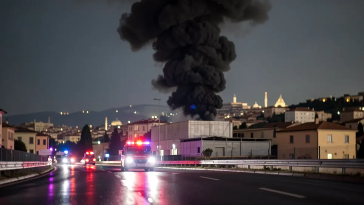 Imagen genérica de humo negro denso proveniente de una nave industrial durante la noche, con luces de emergencia reflejándose en el asfalto mojado.